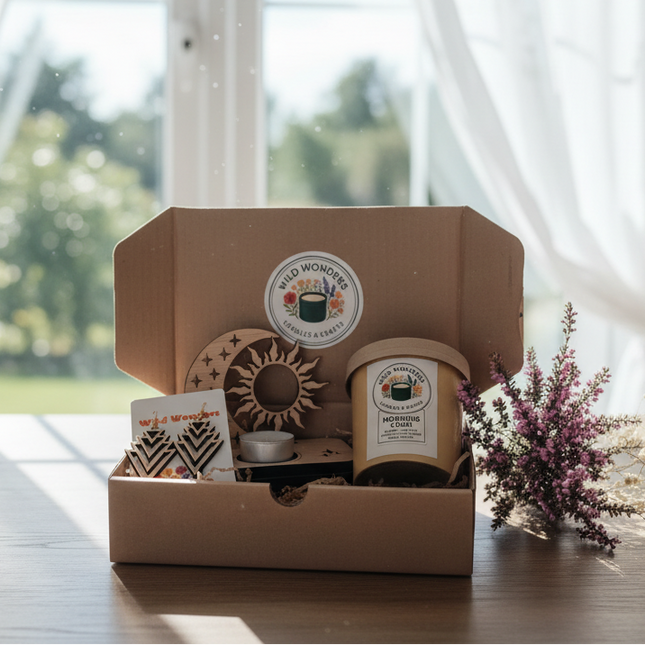 Gift box with 'Wild Wonders' products including a candle, coaster, and card on a wooden surface.