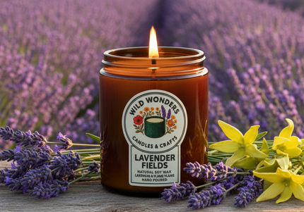 Candle with 'Wild Wonder' label in a lavender field