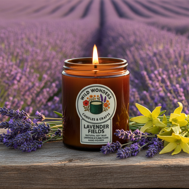 Candle with 'Wild Wonder' label in a lavender field