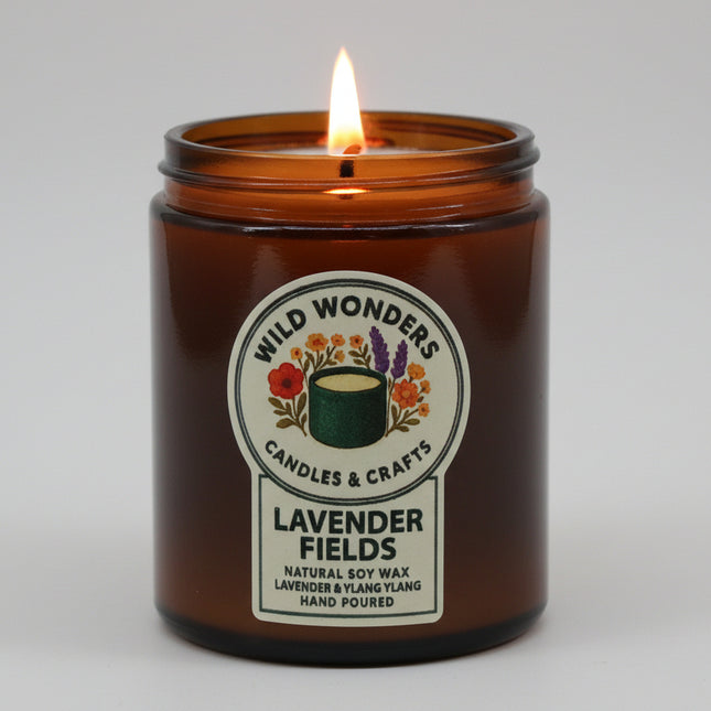 Candle in a brown jar with a label on a wooden surface