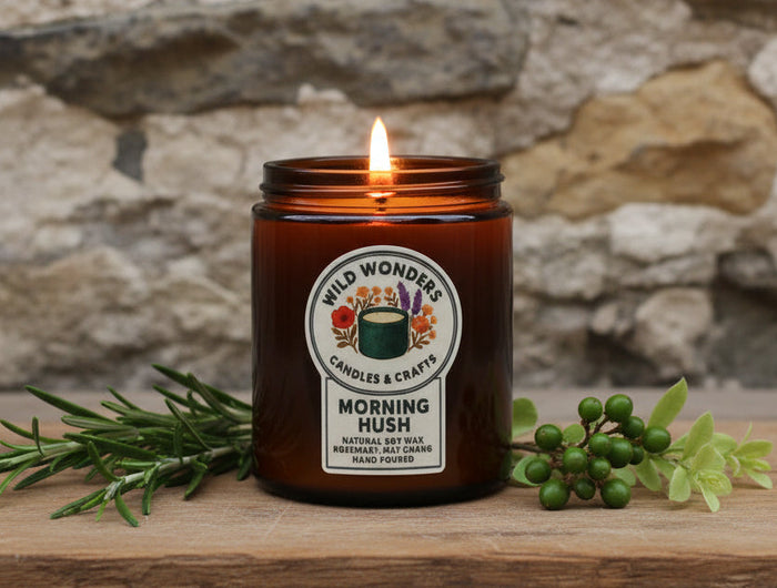 Brown candle jar with 'Wild Wonders' label on a light wooden surface rosemary and may chang