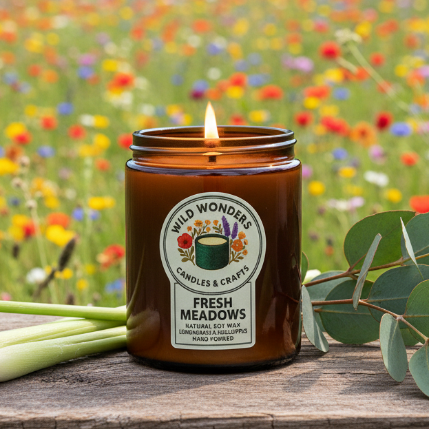 Candle in a brown jar with a label on a wooden surface in front of a field of wildflowers