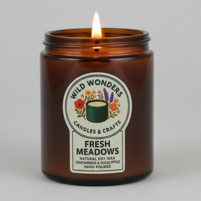 Candle in an amber jar with a label reading 'Wild Wonders Candles & Crafts Fresh Meadows' on a light gray background.