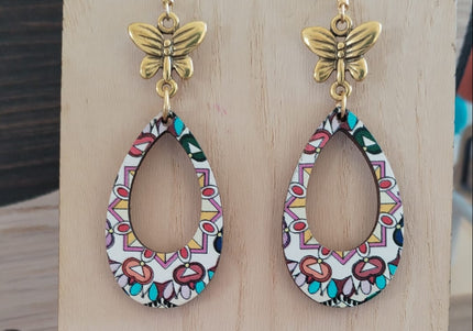 Butterfly-shaped earrings on a wooden display stand with a blurred background.