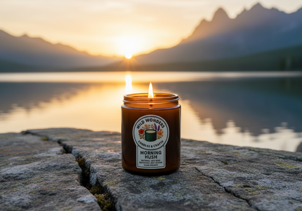 Candle in an amber jar with a label on a white background