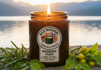 Candle in an amber jar with a label on a white background