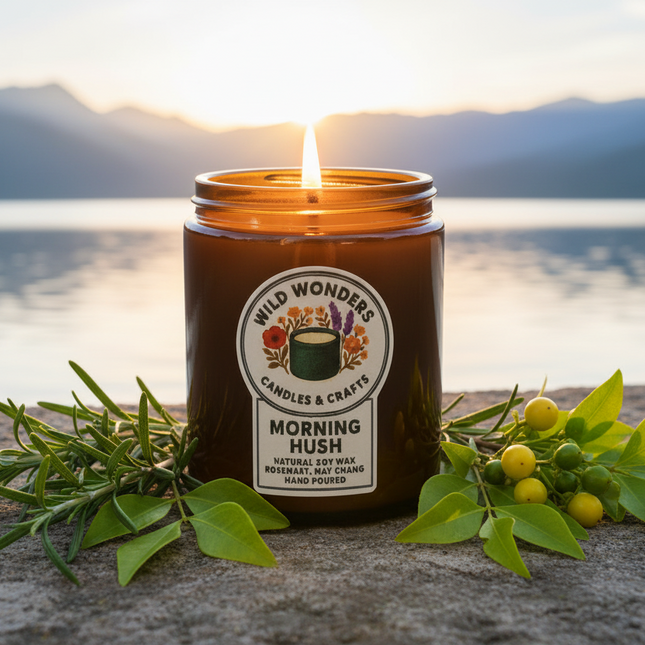 Candle in an amber jar with a label on a white background